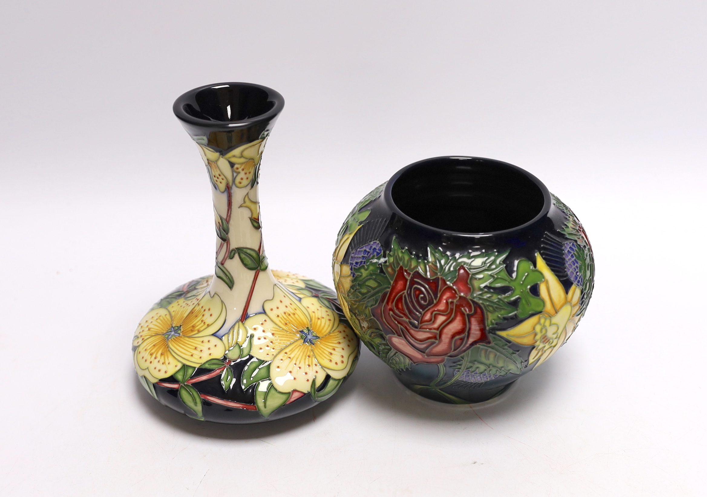 Two modern Moorcroft vases and two small bowls, tallest 16cm